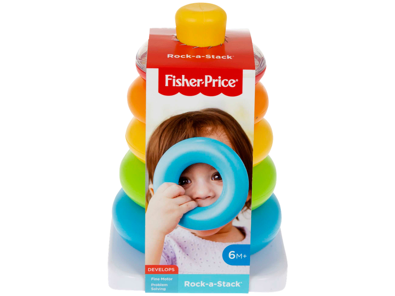 Fisher-Price Rock-a-Stack baby toy with colorful rings and a baby playing.