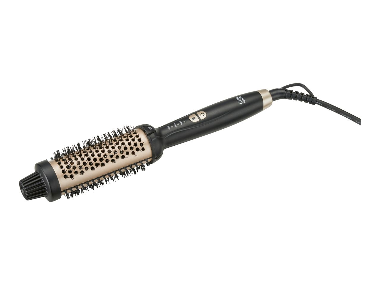 Black and gold heated styling brush with temperature settings and power cord.