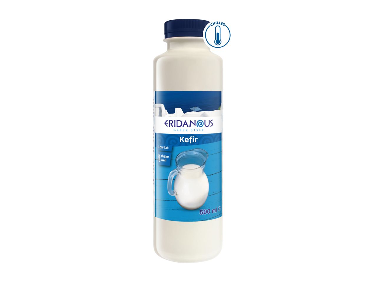 Eridanous Greek Style Kefir, low fat, in a 500ml bottle with a blue label