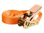ULTIMATE SPEED® orange ratchet strap with a metal buckle, coiled beside it.