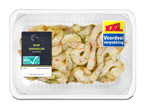 Verpakking met gemarineerde wokgarnalen met knoflook, met XXL voordeelverpakking en ASC-keurmerk.