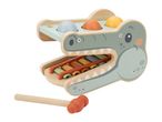 Wooden crocodile-shaped hammer bench with colorful balls and a xylophone, with a mallet.
