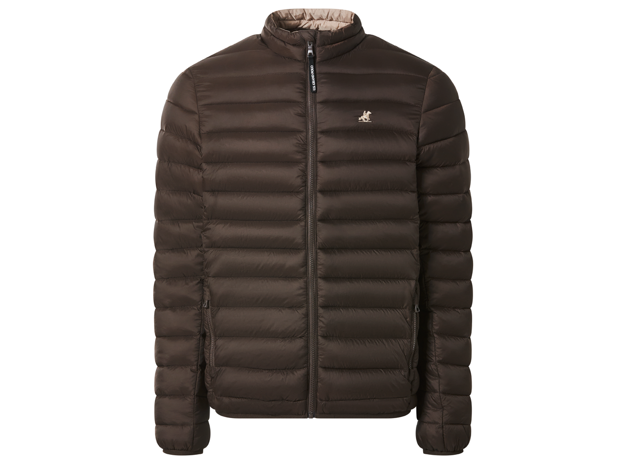 Кафяво мъжко подплатено яке с цип и лого на гърдите.