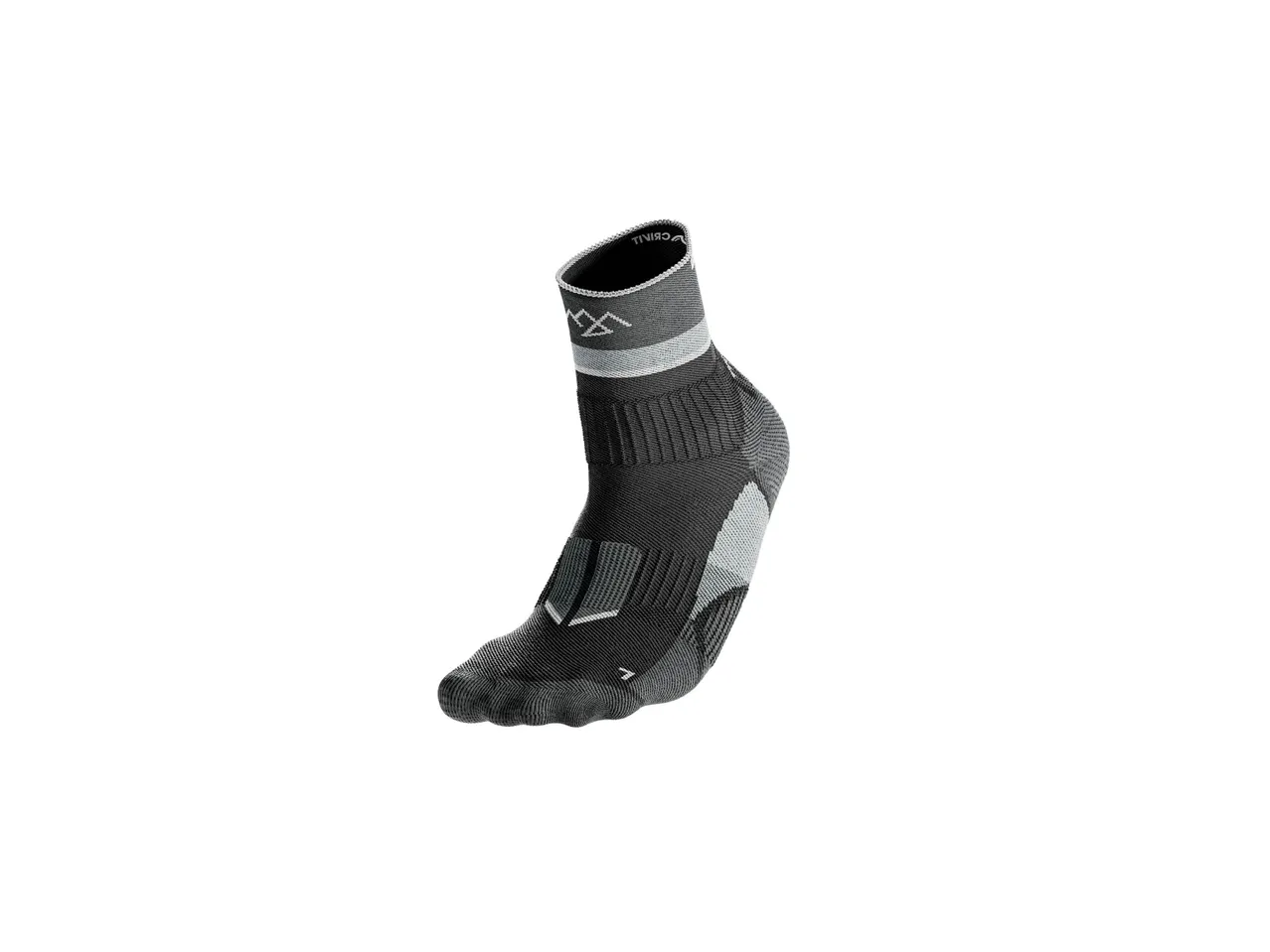 A black and gray athletic sock with a mountain logo on a white background.