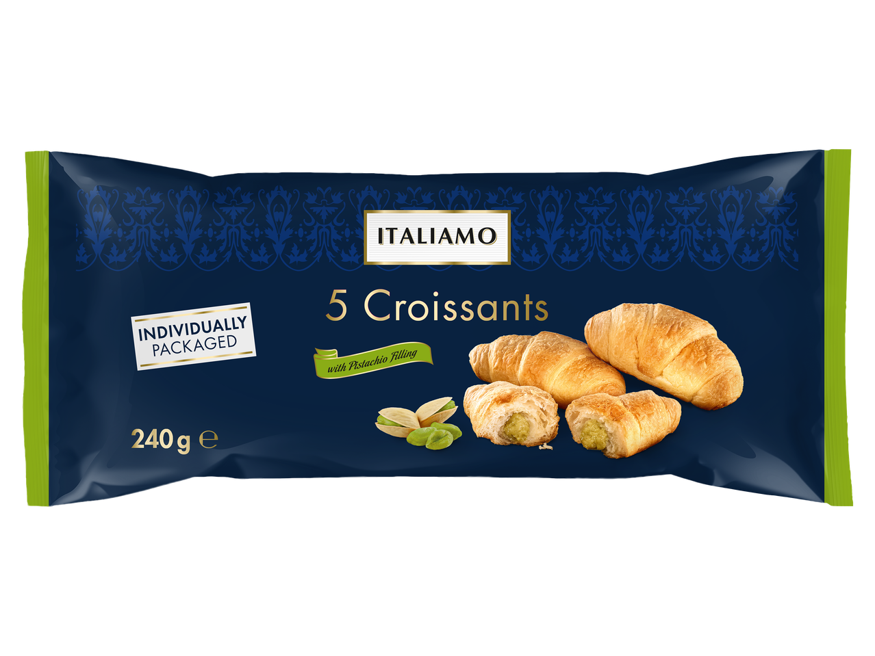 Pisztáciás krémmel töltött croissant sötétkék csomagolásban.