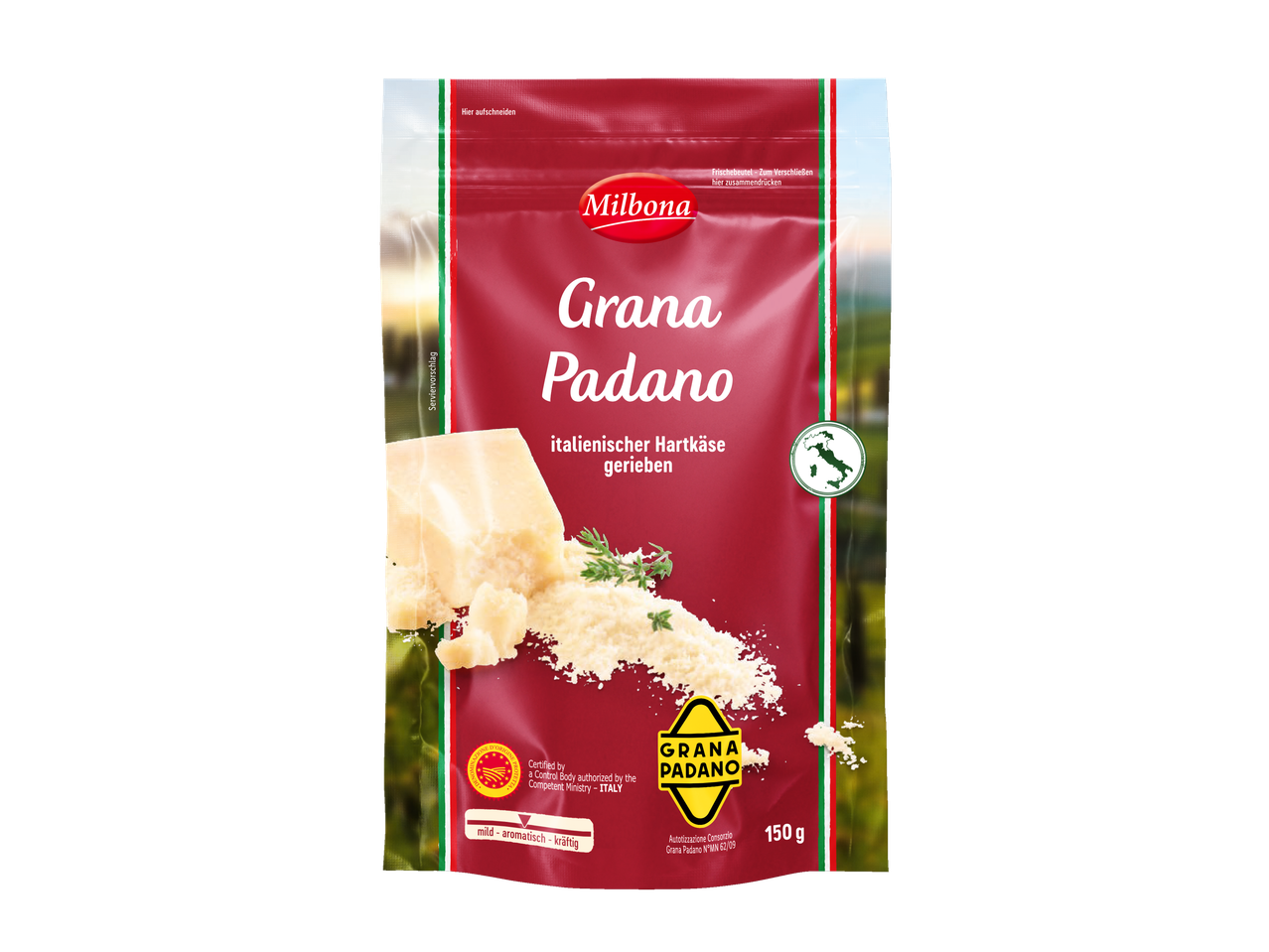 Milbona Grana Padano: geriebener italienischer Hartkäse im 150g-Beutel.