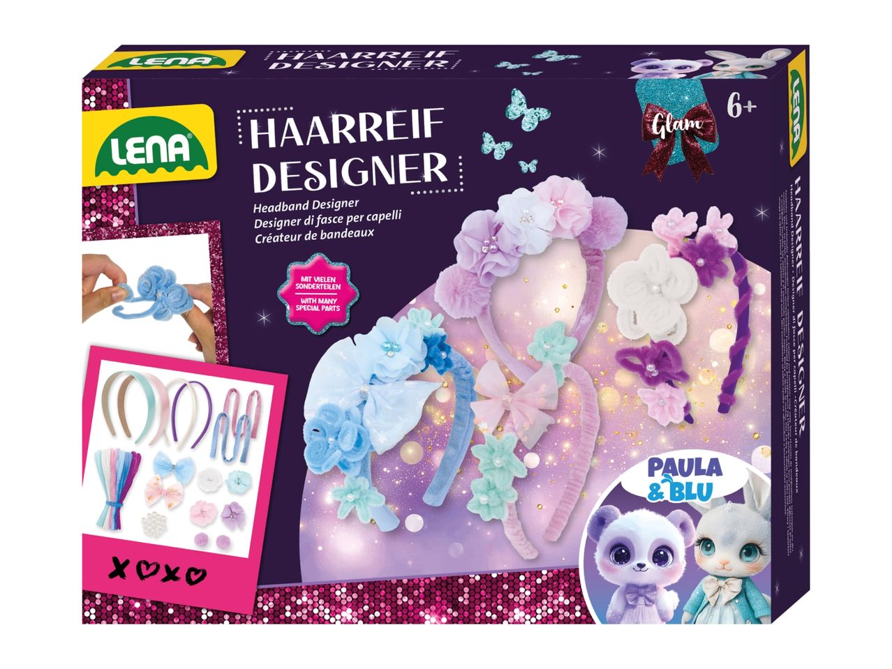 DIY headband designer kit with various decorative elements, suitable for ages 6+.