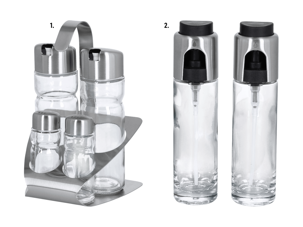 Ensemble de salière et poivrière en verre avec support en métal, et deux vaporisateurs d'huile/vinaigre.
