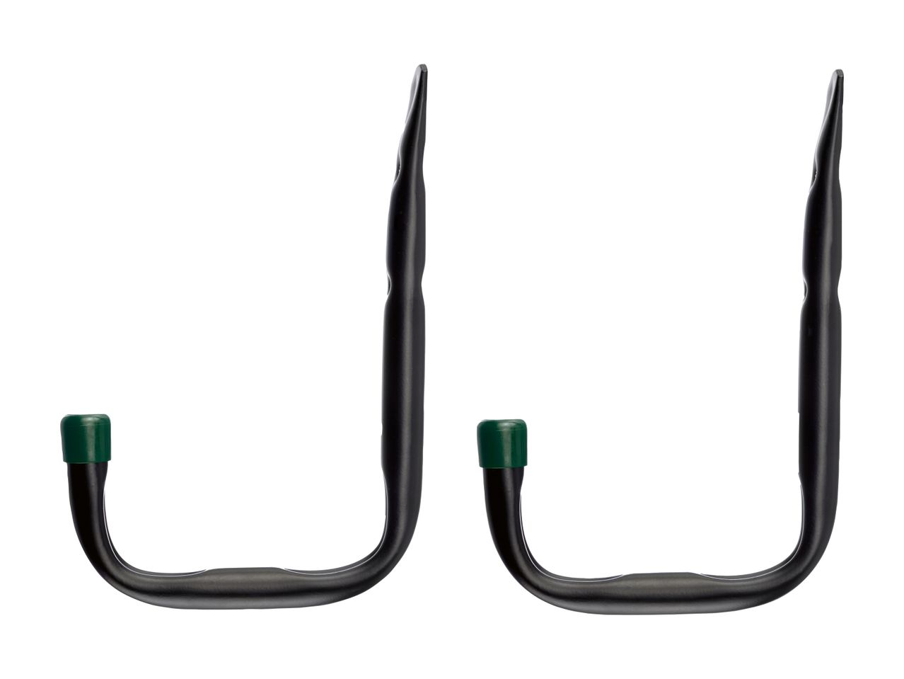 Two black J-shaped garage hooks with green tips, for hanging tools or equipment.