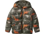 Kids' puffer jacket in olive green with a colorful dinosaur print