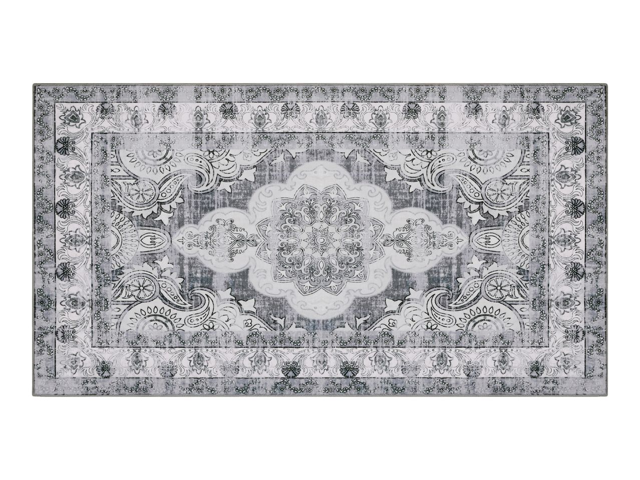 Grey and white patterned rectangular rug with a vintage-style central medallion