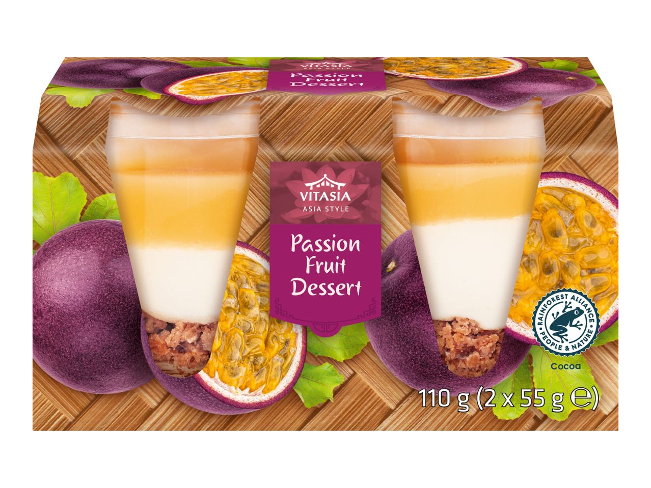 Two passion fruit desserts in clear cups, with whole and halved passion fruits on a woven background.