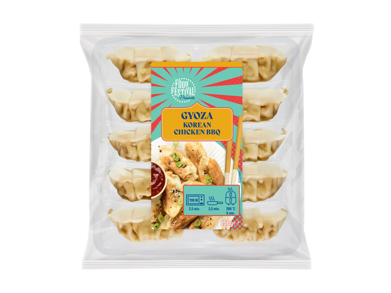 Food Festival Gyoza Korean Chicken BBQ, a package of dumplings with cooking instructions.