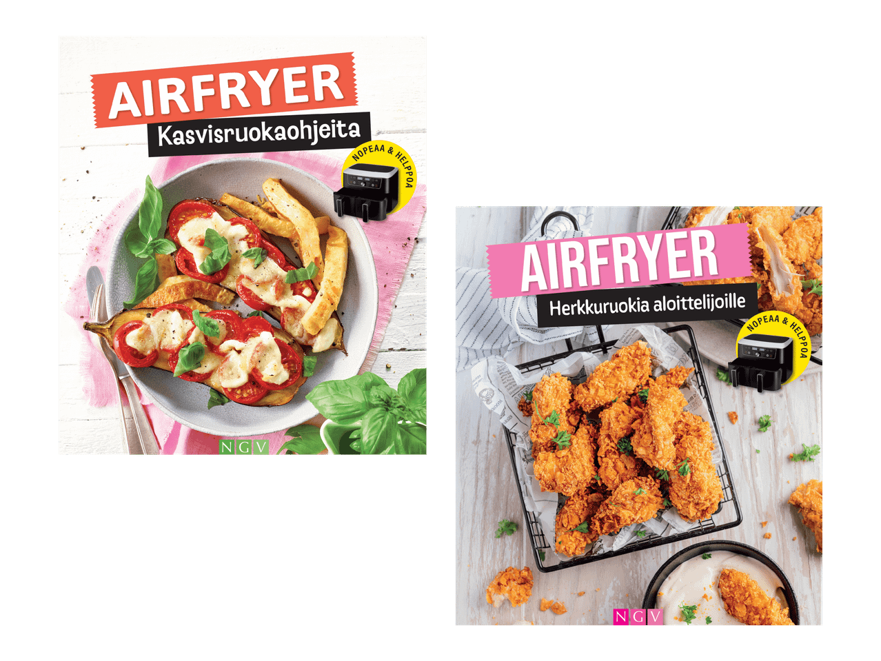Kaksi suomenkielistä airfryer-keittokirjaa, joissa on reseptejä aloittelijoille ja kasvisruokia.