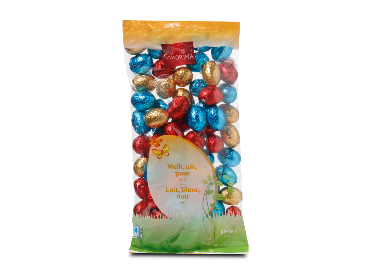 Favorina paaseieren in melk, wit en puur chocolademix, 500g.