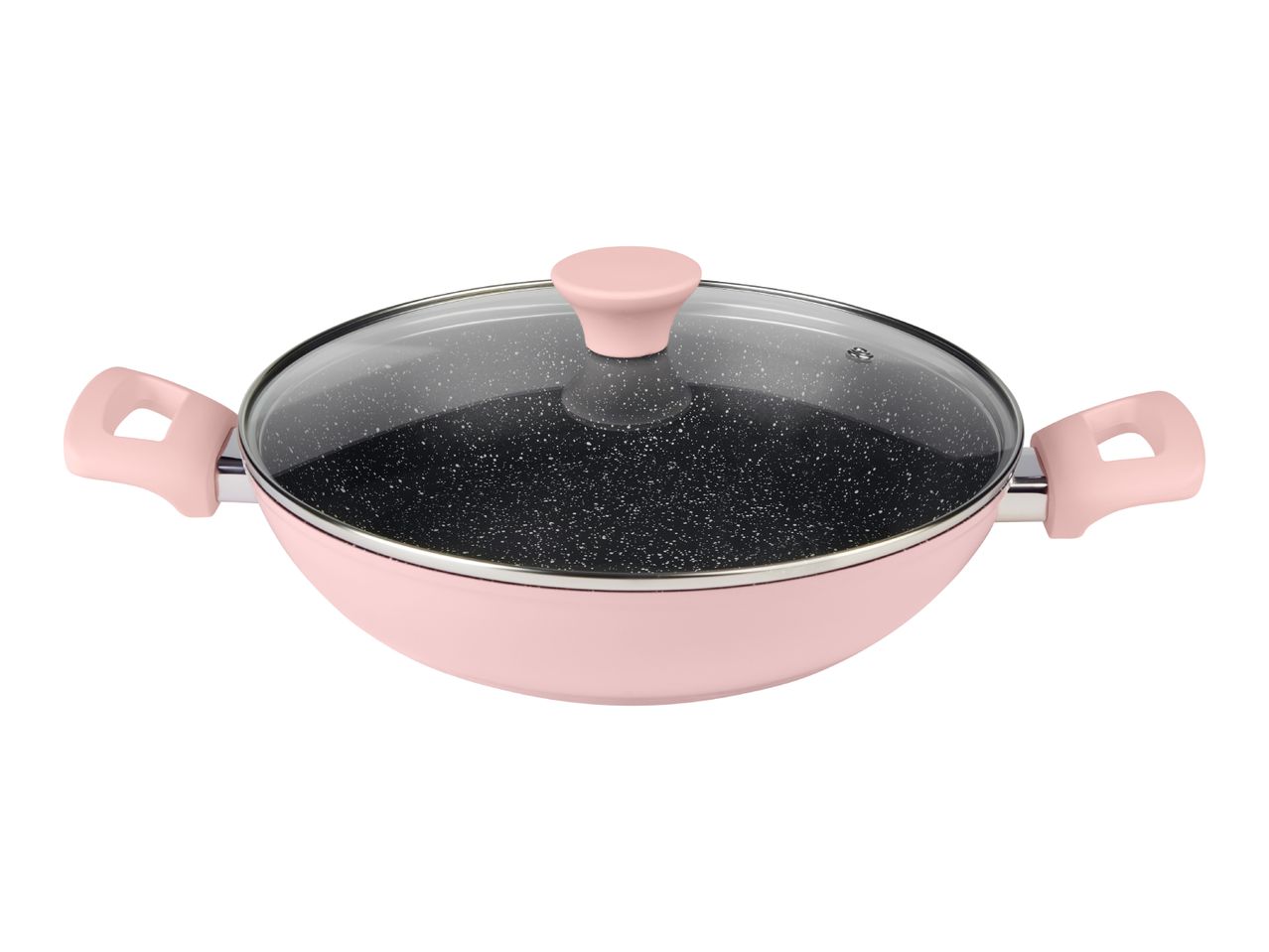 Pink wok pan with a speckled black non-stick interior and a glass lid with a pink knob