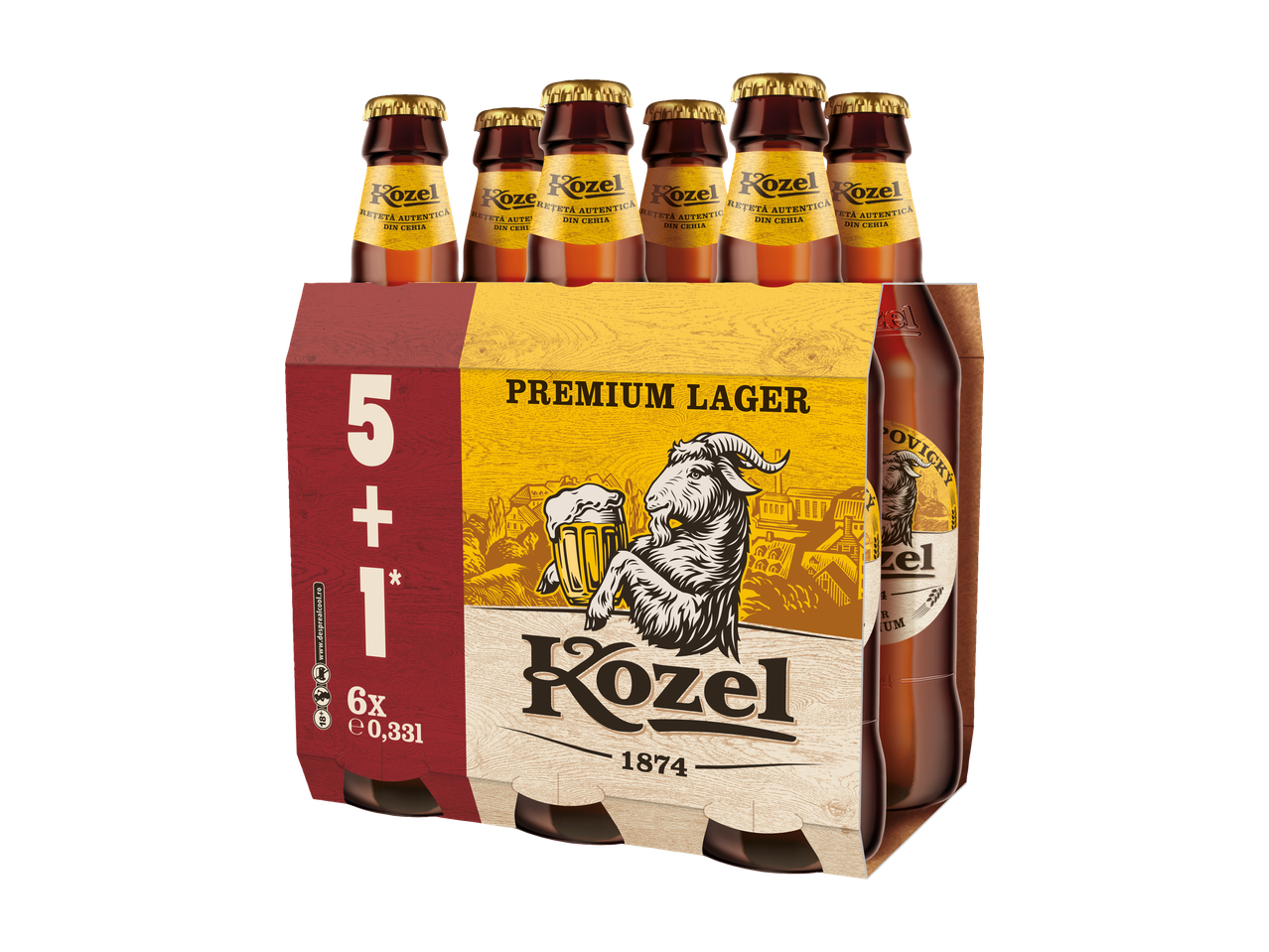 Bere Kozel Premium Lager, pachet de 6 sticle de 0,331L, cu o ofertă 5+1.