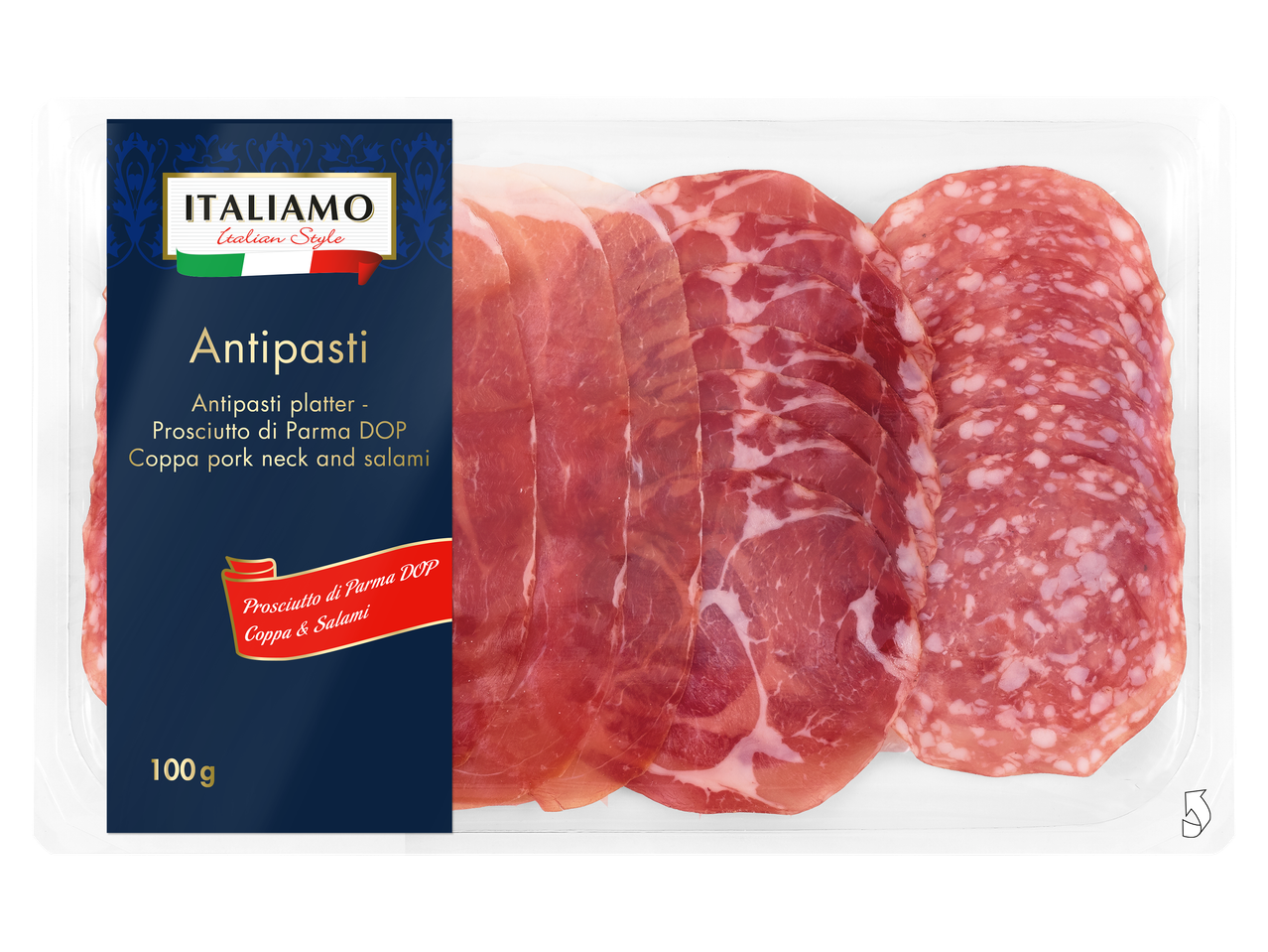 100 g-os olasz antipasti tál sonkával, coppával és szalámival.