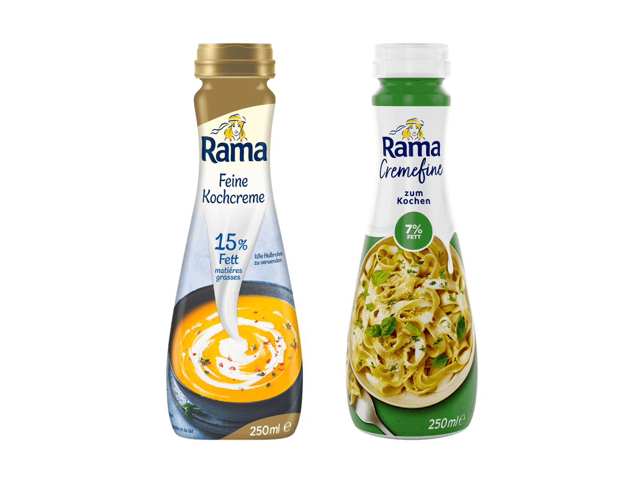 Zwei Rama-Flaschen, eine Feine Kochcreme und eine Cremefine, auf schwarzem Hintergrund.