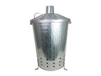 Galvanized steel garden incinerator with a conical lid and ventilation holes.