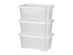 Three stackable plastic storage bins.