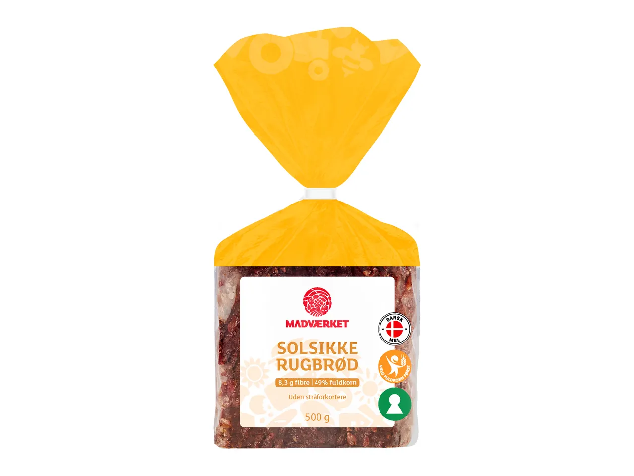 Madvaerket solsikke rugbrød i gennemsigtig emballage med gul top, 500g.