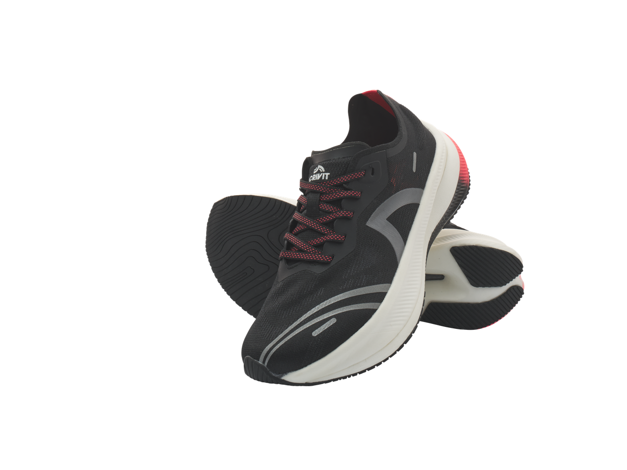 Crivit running shoes in black with red laces and white soles.