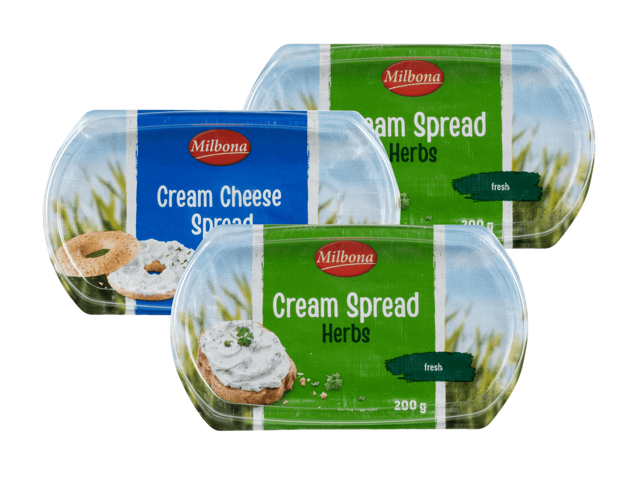 Milbona Frischkäse und Kräuteraufstrich in transparenten Behältern