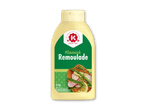 Gul flaske med remoulade, grøn etiket med teksten 'Klassisk Remoulade' og et smørrebrød.