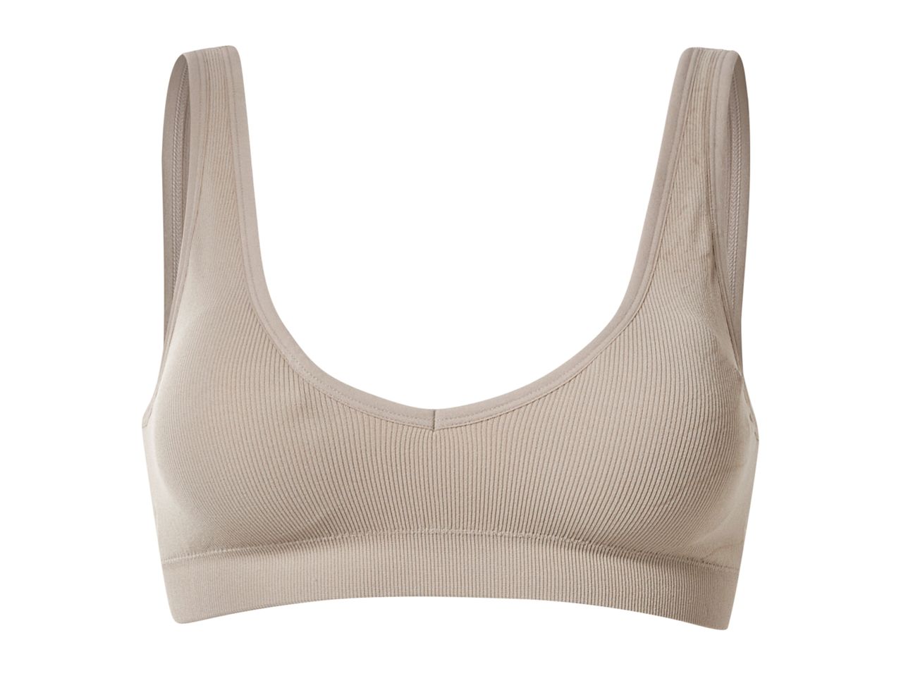 Beige ribbed seamless sports bra with wide straps and a V-neckline.