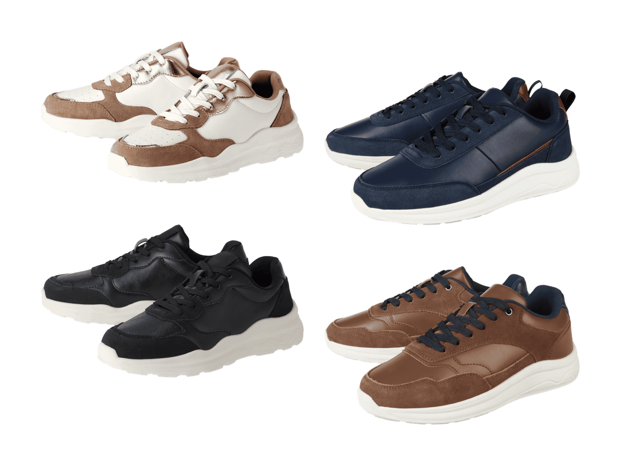 Vier Paar Turnschuhe in verschiedenen Farben: weiß/braun, blau, schwarz und braun.