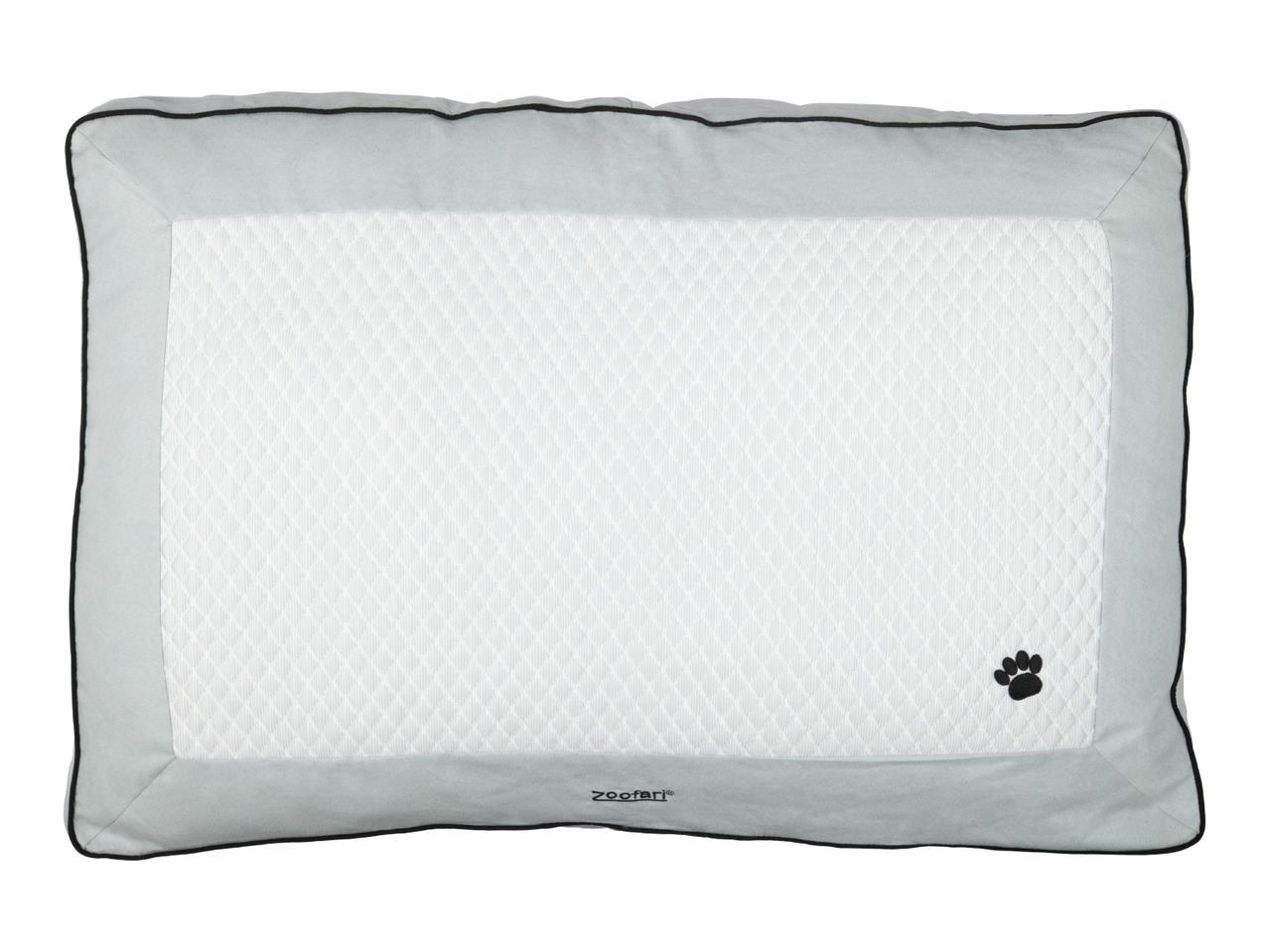 Light blue pet bed with a white quilted center and a black paw print.