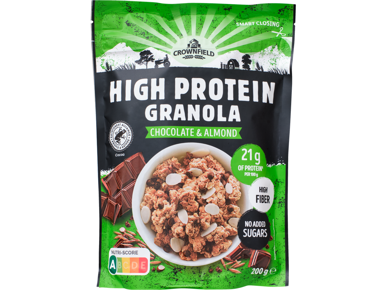CROWNFIELD Valgurikas krõbe müsli šokolaadi ja mandlitega, 200g pakend.