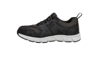 A single dark gray and black athletic shoe with a white sole.