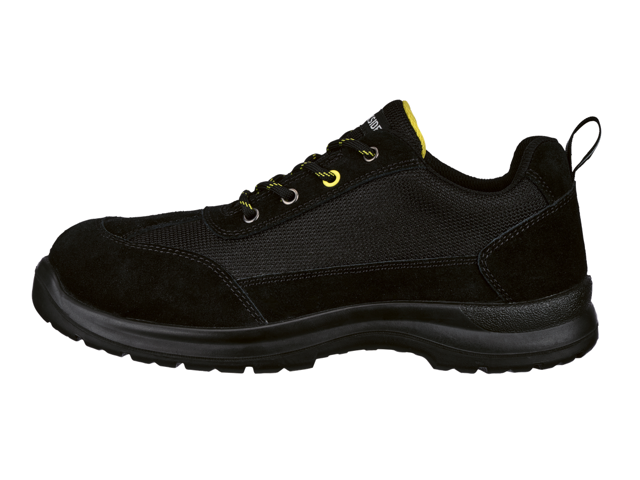 Pantofi de siguranță Parkside® S1 negri cu șireturi galbene.