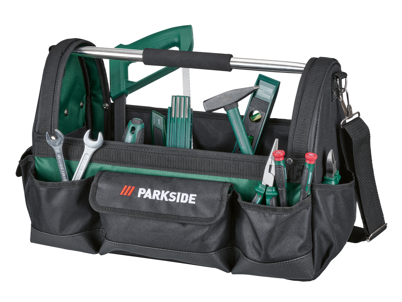 Crna torba za alat sa zelenim detaljima, ispunjena raznim ručnim alatima.