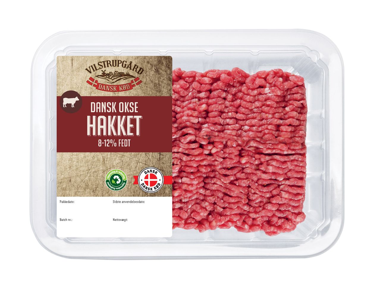 Vilstrupgård hakket oksekød med 8-12% fedt i en klar plastbakke.