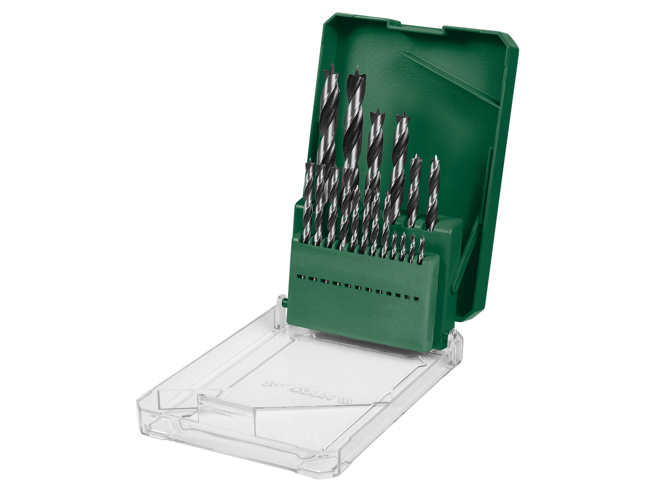 Parkside® medienos grąžtų rinkinys žaliame dėkle.