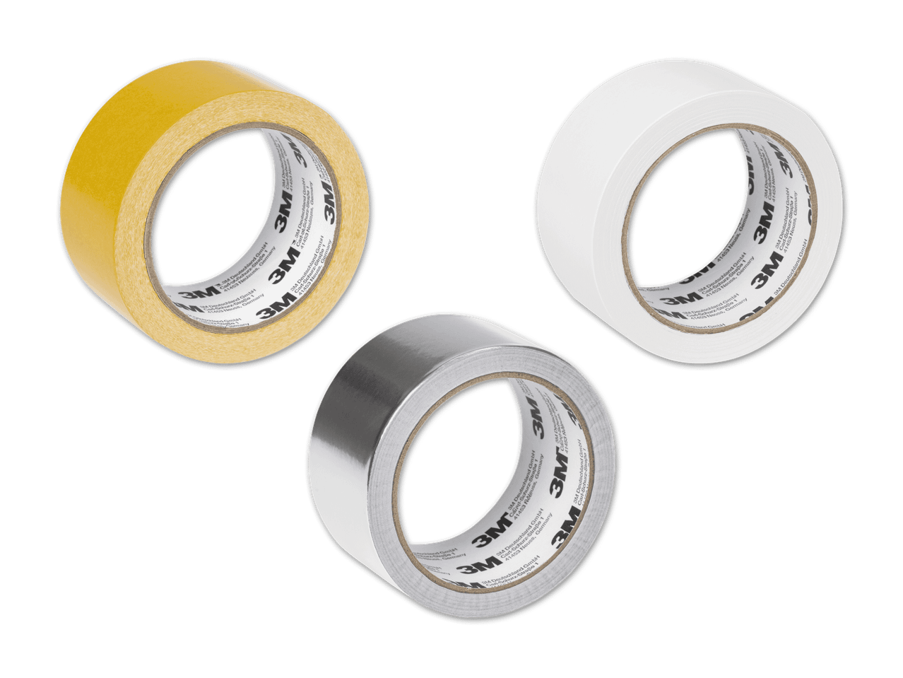 Drei Rollen 3M Klebeband in Gelb, Weiß und Silber.