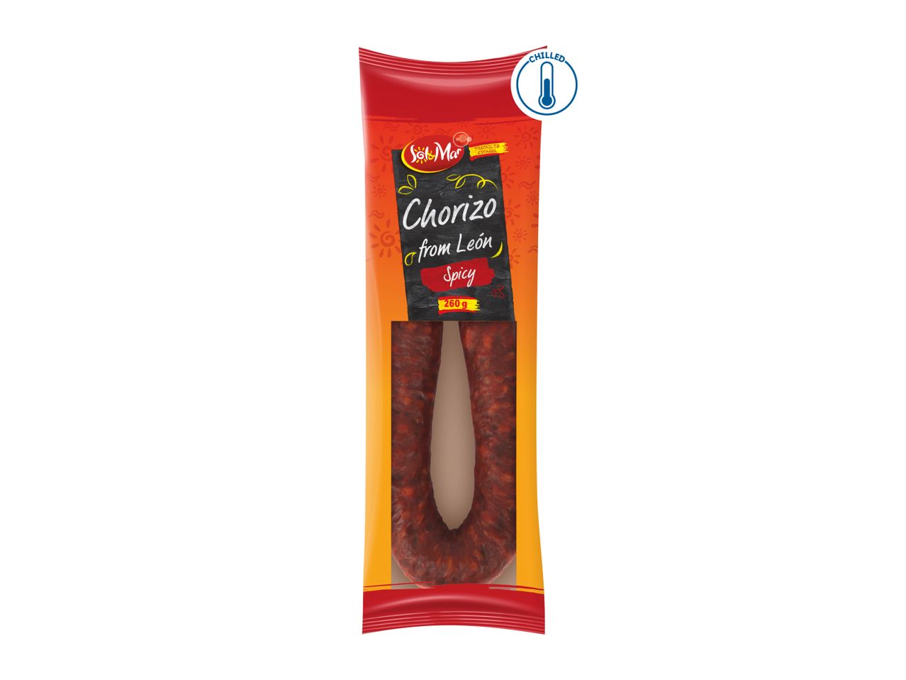 Sol & Mar Spicy Chorizo from León in a red and orange package with a 'CHILLED' thermometer icon.