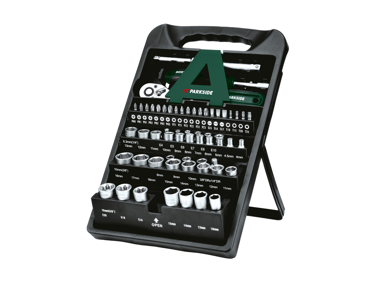 Parkside® padrunvõtmete komplekt narre, otsikute ja erinevate padrunisuurustega.