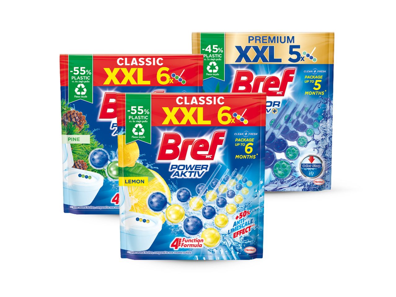 Tri pakiranja WC gelova Breff XXL, različitih veličina.