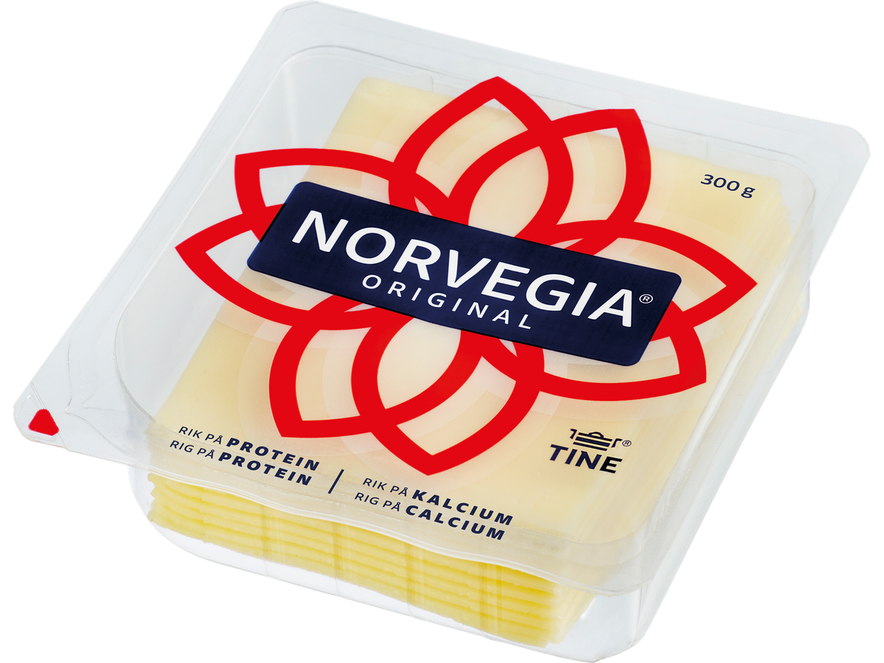 Norvegia Original skivad ost i förpackning, 300g, rik på protein och kalcium.