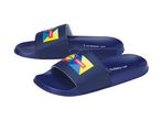 Paires de claquettes Hunter pour enfants, bleu marine avec motif coloré.