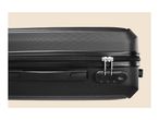 Close-up of a black suitcase with a textured surface, zipper, handle, and combination lock.