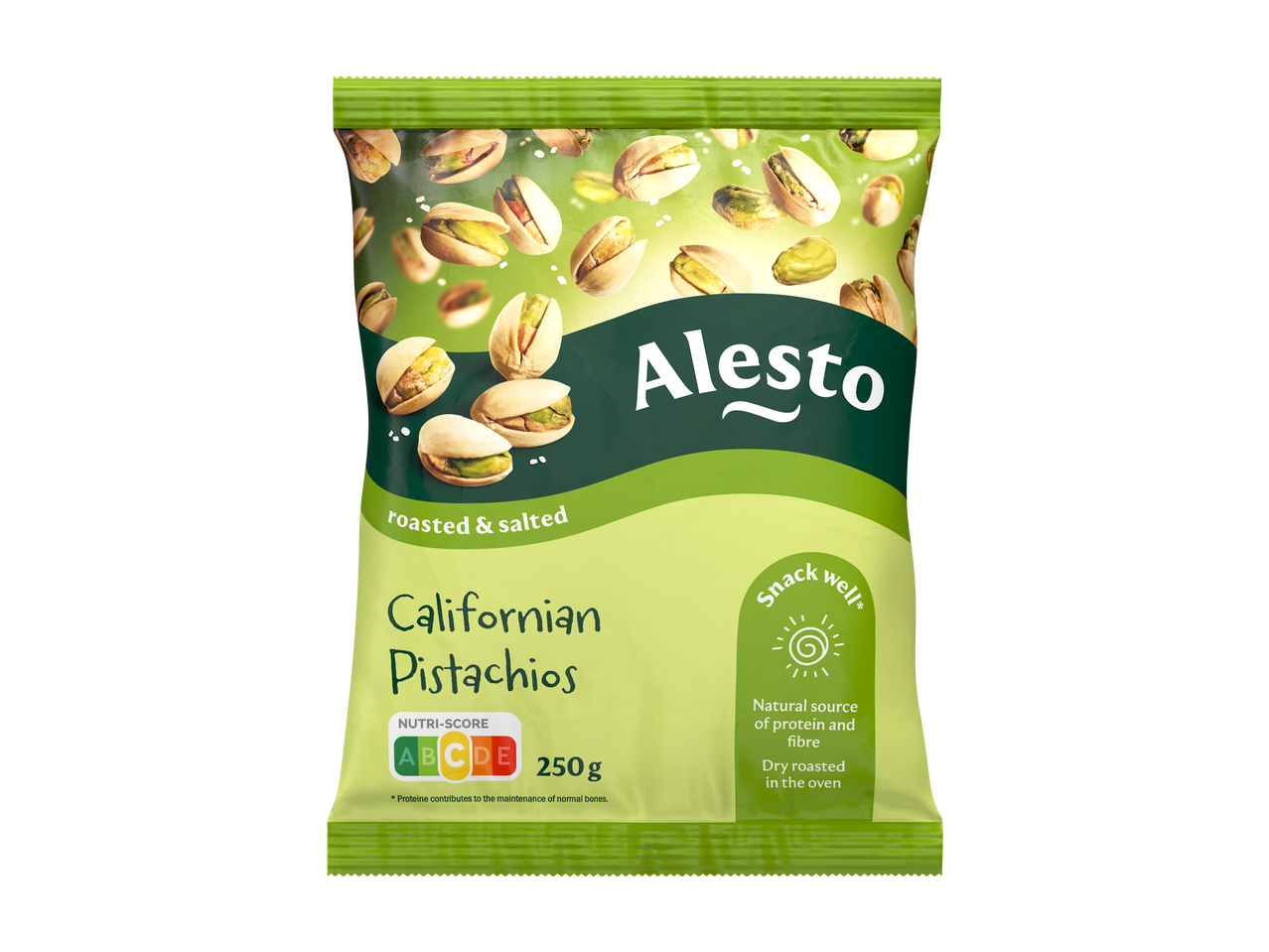 Zak geroosterde en gezouten Californische pistachenoten met Nutri-Score A, 250g.