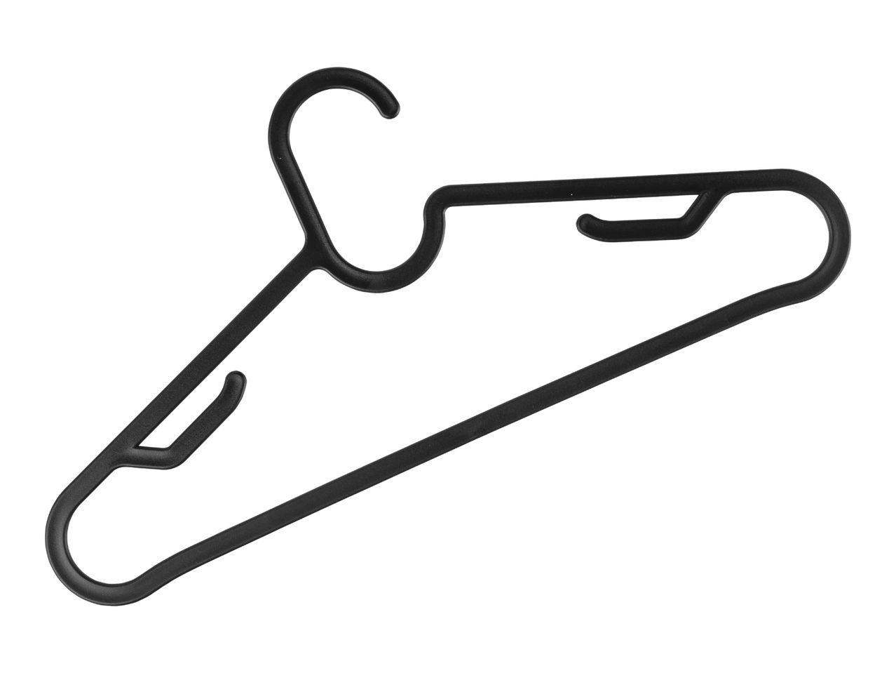 Black plastic clothes hanger with multiple hanging options.