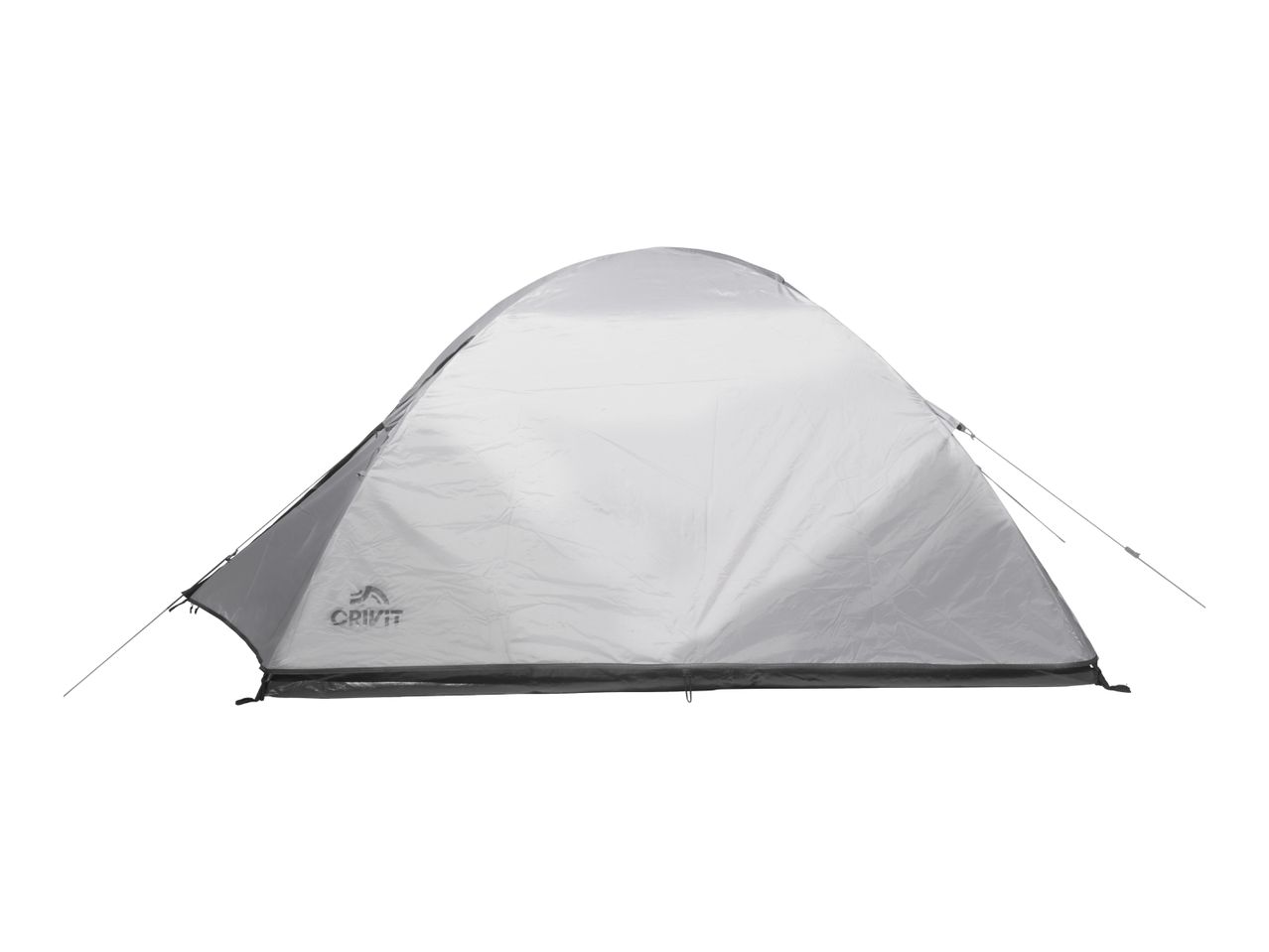 A light grey dome tent with a dark grey base and guy lines extending from the sides.