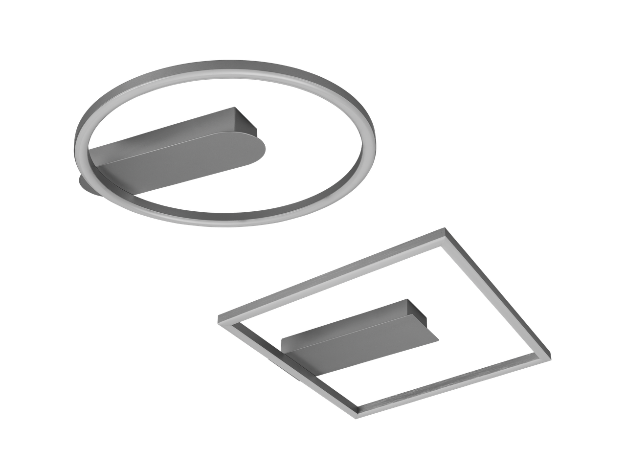 Dva moderna stropna svjetla, jedno okruglo i jedno kvadratno, s integriranom LED rasvjetom.