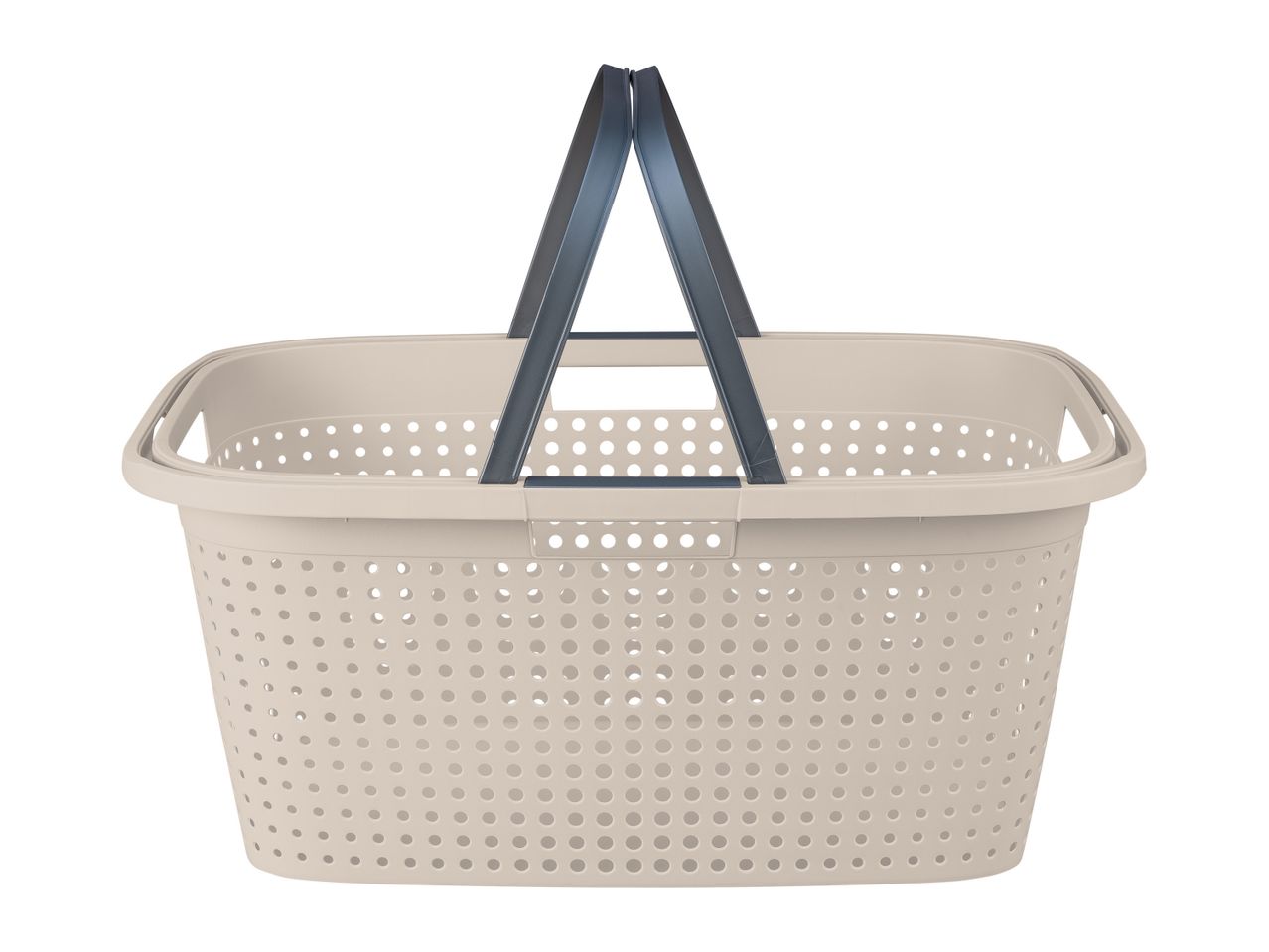 Beige plastic laundry basket with a dark gray handle.